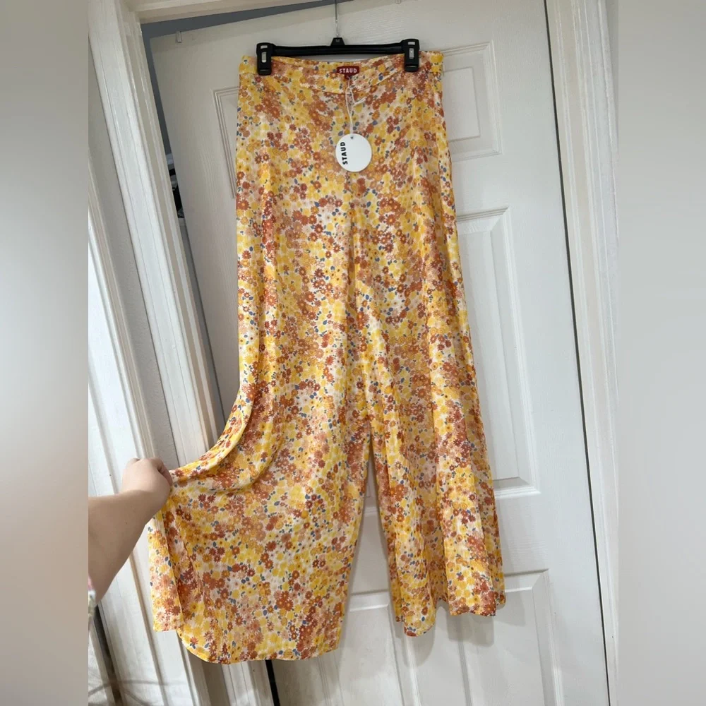 NWT STAUD yellow floral chiffon Flowy pants - Picture 7 of 12